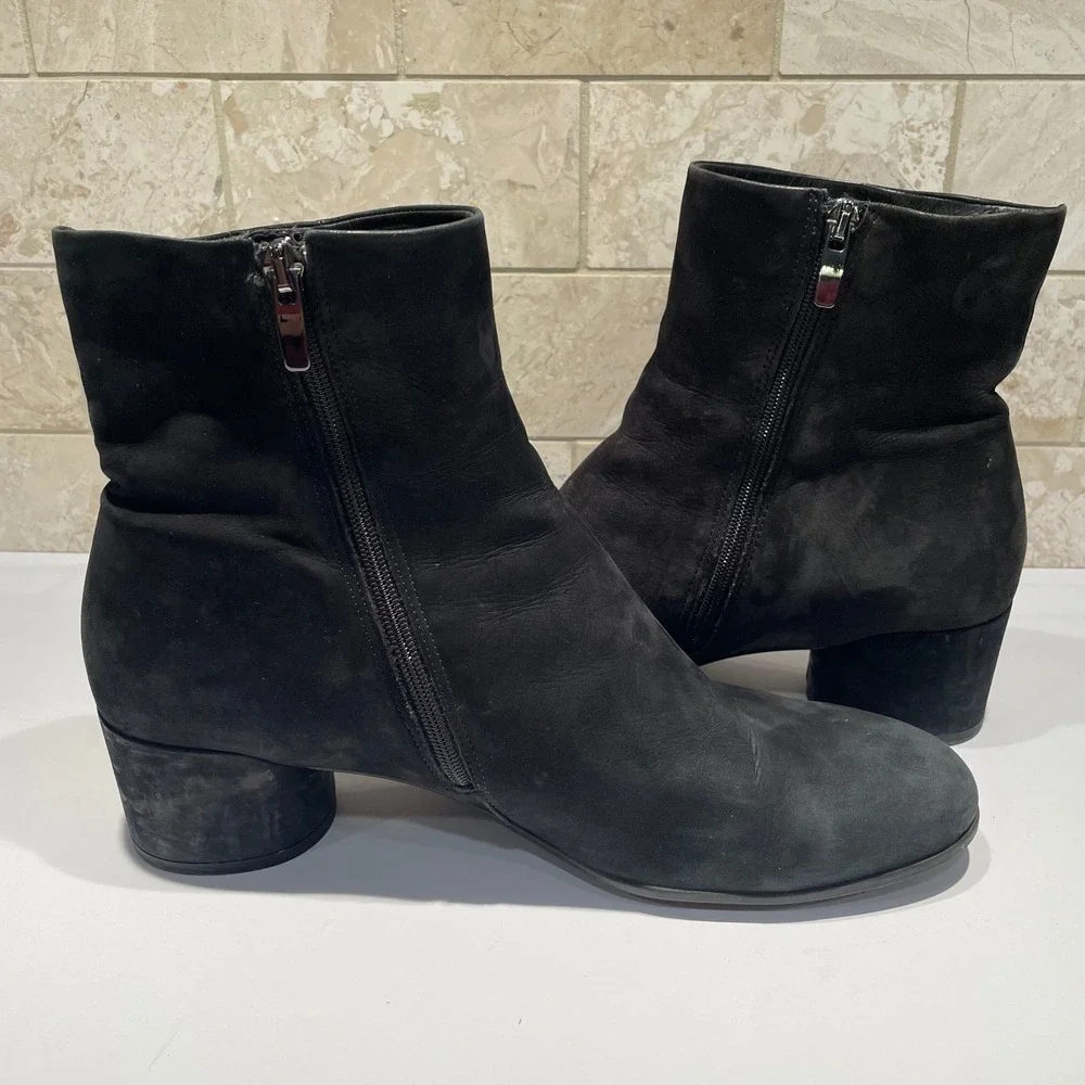 Ecco Shape 35 Black Nubuck Leather Block Heel Ankle Boots Size EU 42 US 11.5‎